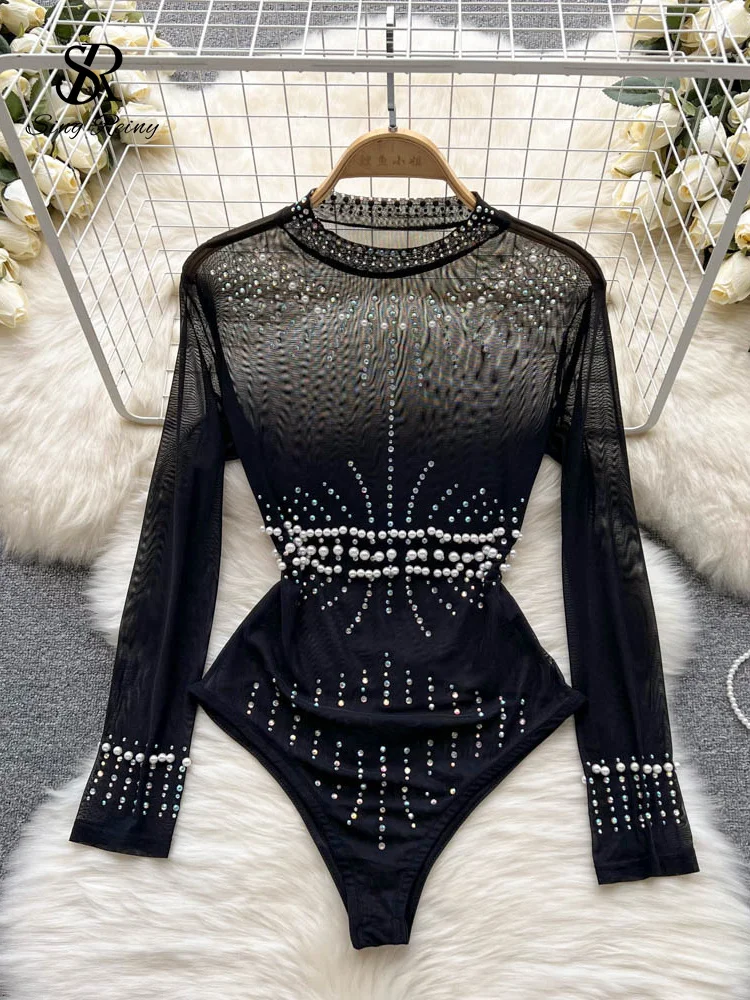 SINGREINY Beading Sequins Mesh Bodysuits Women O Neck Summer Sexy Party Club Long Sleeves Ladies Fashion Solid Rompers