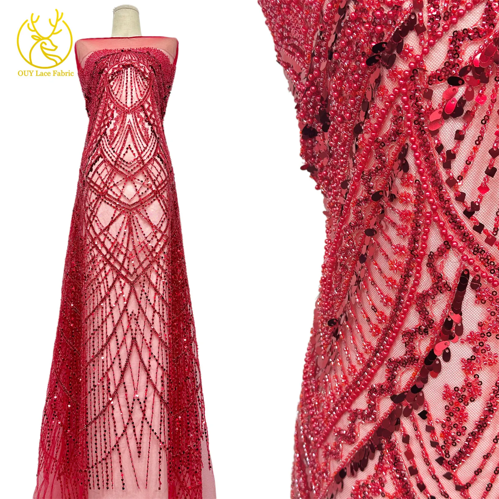 Roter afrikanischer Perlen-Spitzenstoff 2026, hochwertiger französischer nigerianischer Pailletten-Spitzenstoff für Damen, Hochzeit, Party, Kleid, Nähen – Detail 7
