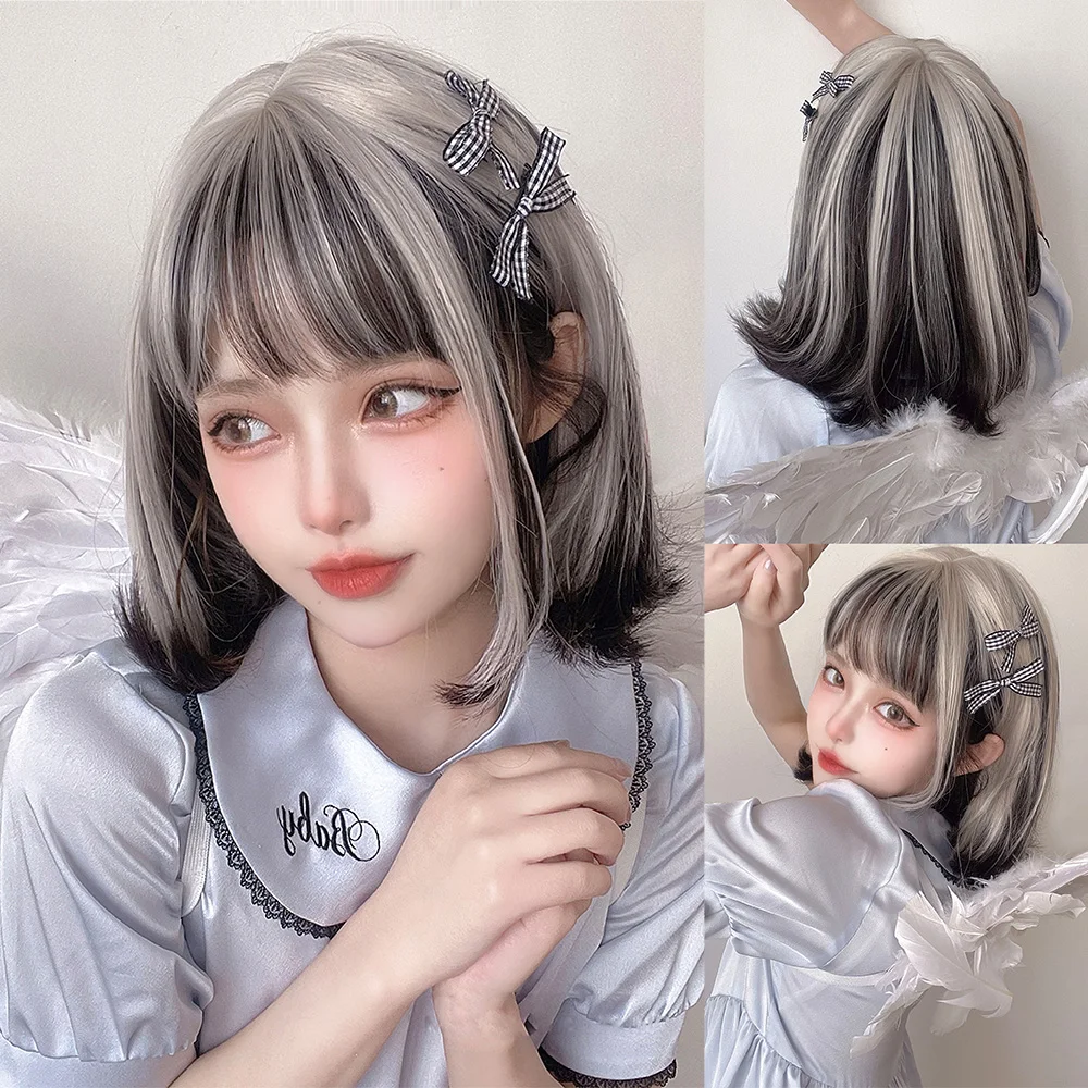 12Inch Silver Gray with Black Highlights Lolita Synthetic Wigs With Bang Short Natural Straight Hair For Women Heat Resistant