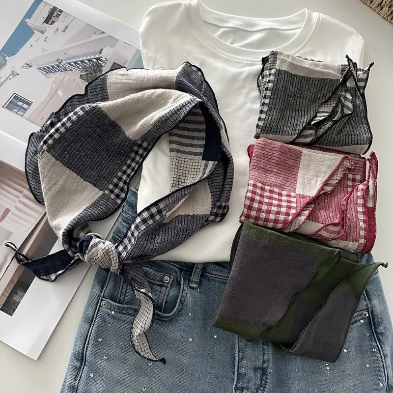 

Artistic retro double-sided plaid scarf for women linen color-block triangle headscarf, photography accessory fashion silk scarf