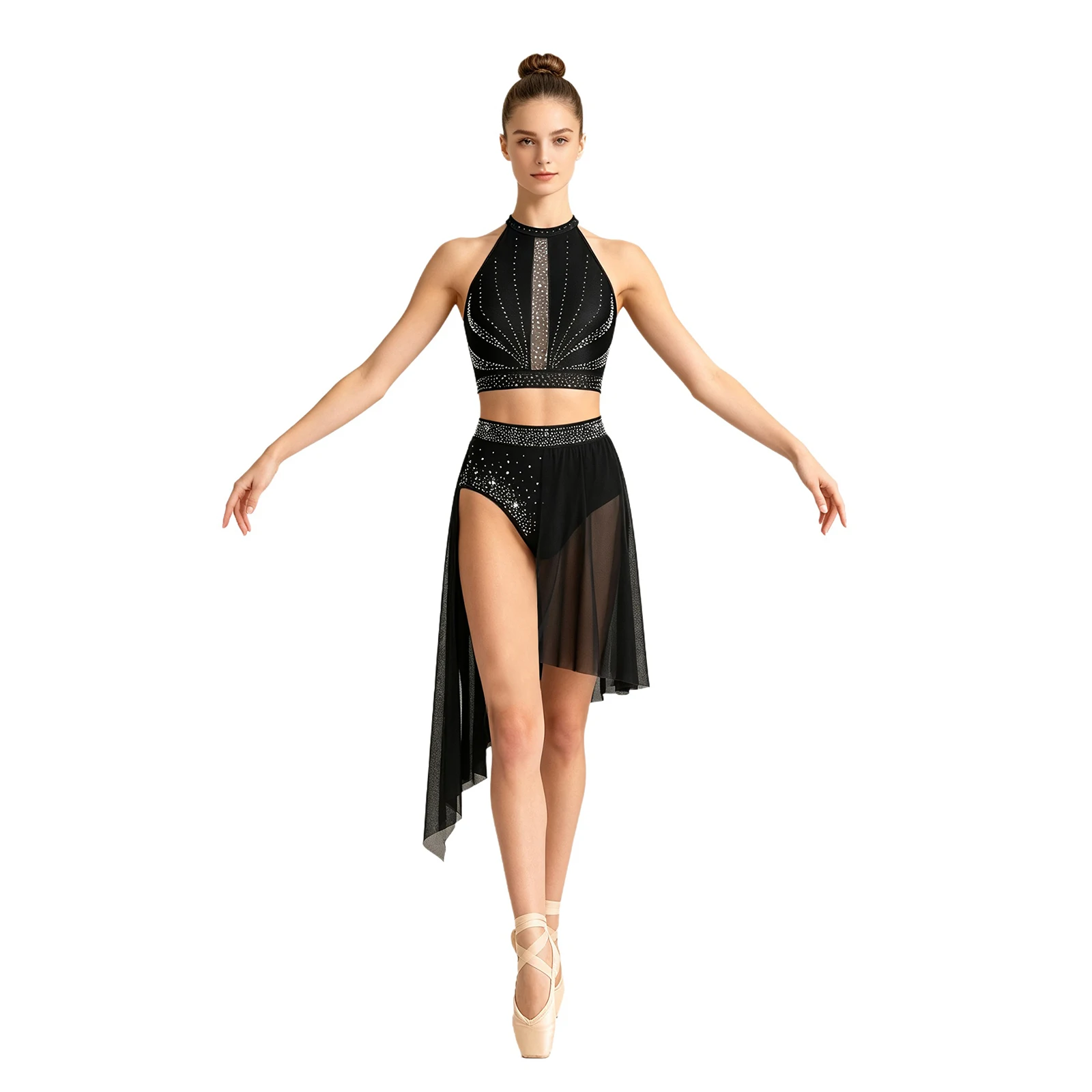 Women Sheer Mesh Rhinestone Modern Lyrical Dance Crop Top with Skirt Skating Gymnastics Ballet Acrobatics Performance Outfit