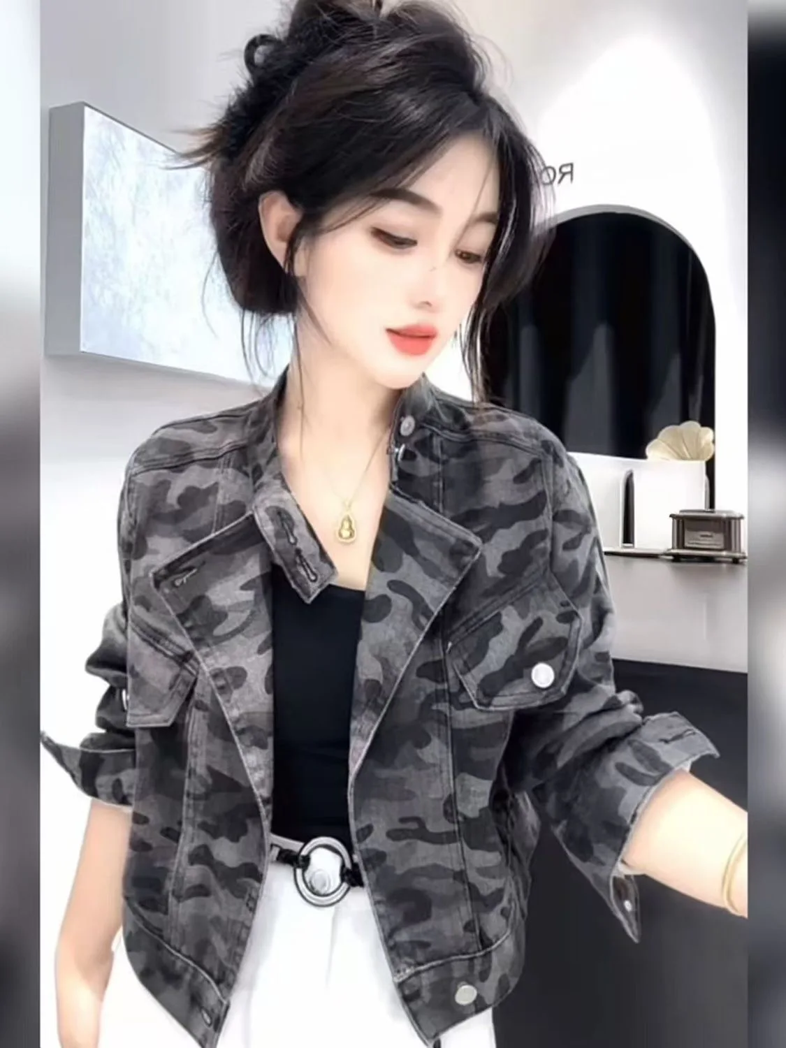 American Retro Street Style Print Casual Denim Jacket Autumn New Fashion Youthful Top for Women Short Coat  Collar Button