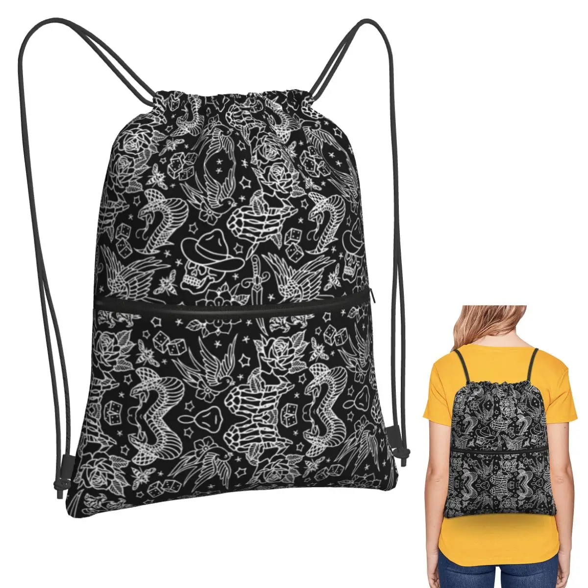 American Traditional Tattoo Flash Print Backpacks Casual Portable Drawstring Bags Sports Bag Book Bags For Travel Students