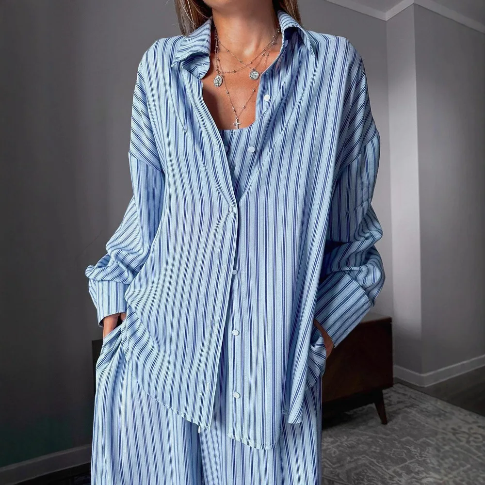 

Three Pieces Striped Women Set Sleep Lounge Pajama Sets Vest Turn Down Collar Tops Cardigan Straight Full Length Pant Summer
