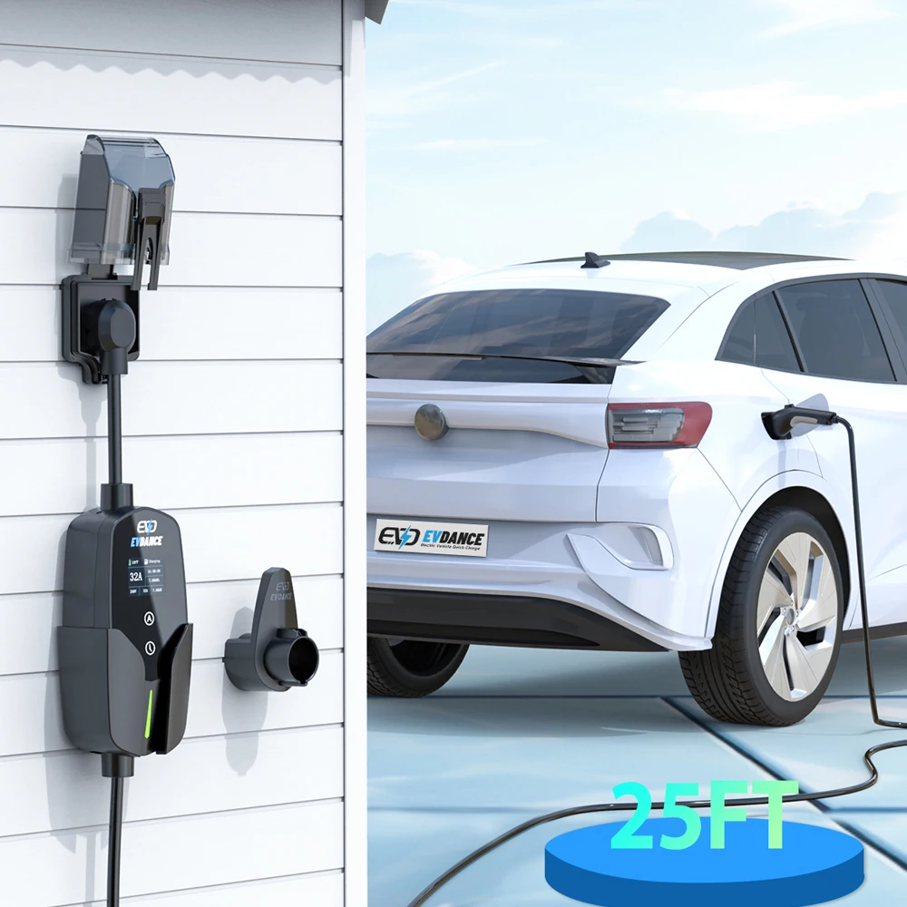 EVDANCE Portable Electric Car Chargers 32A Type1 Car Electrical Devices with US Plug 7.68Kw Charging Cable TFT Display Current