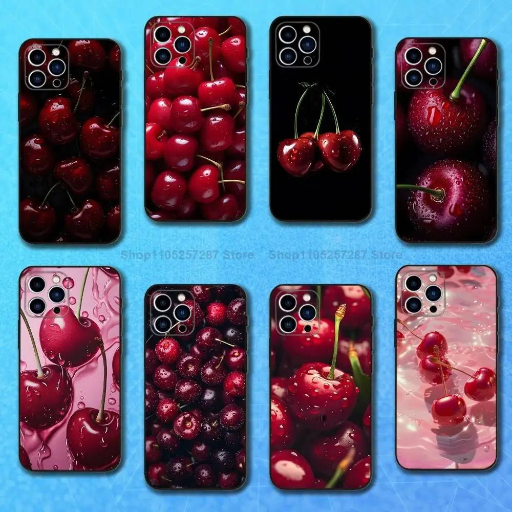 

Cherry Tasty Fruit Case For iPhone 12,14,15,16,17,13,11,X,Mini,Plus,Pro Max,8,7,XR,SE,XS,Soft Silicone Black