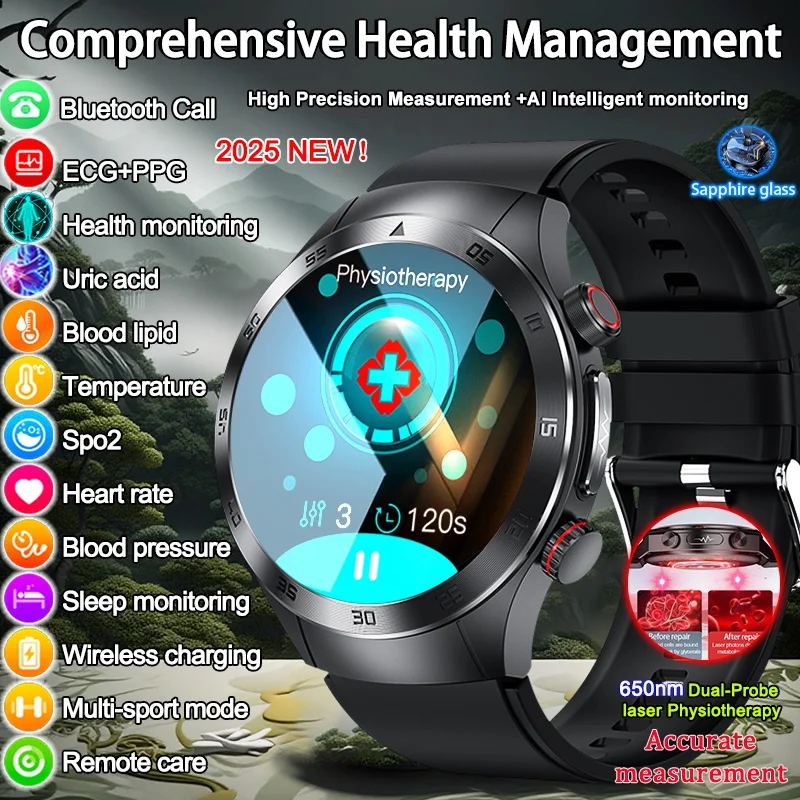

2025 Новое лазерное лечение, три высоких умных часов, ЭКГ, анализ тела, пульс, кровяное давление, трекер здоровья, мужские и женские умные часы