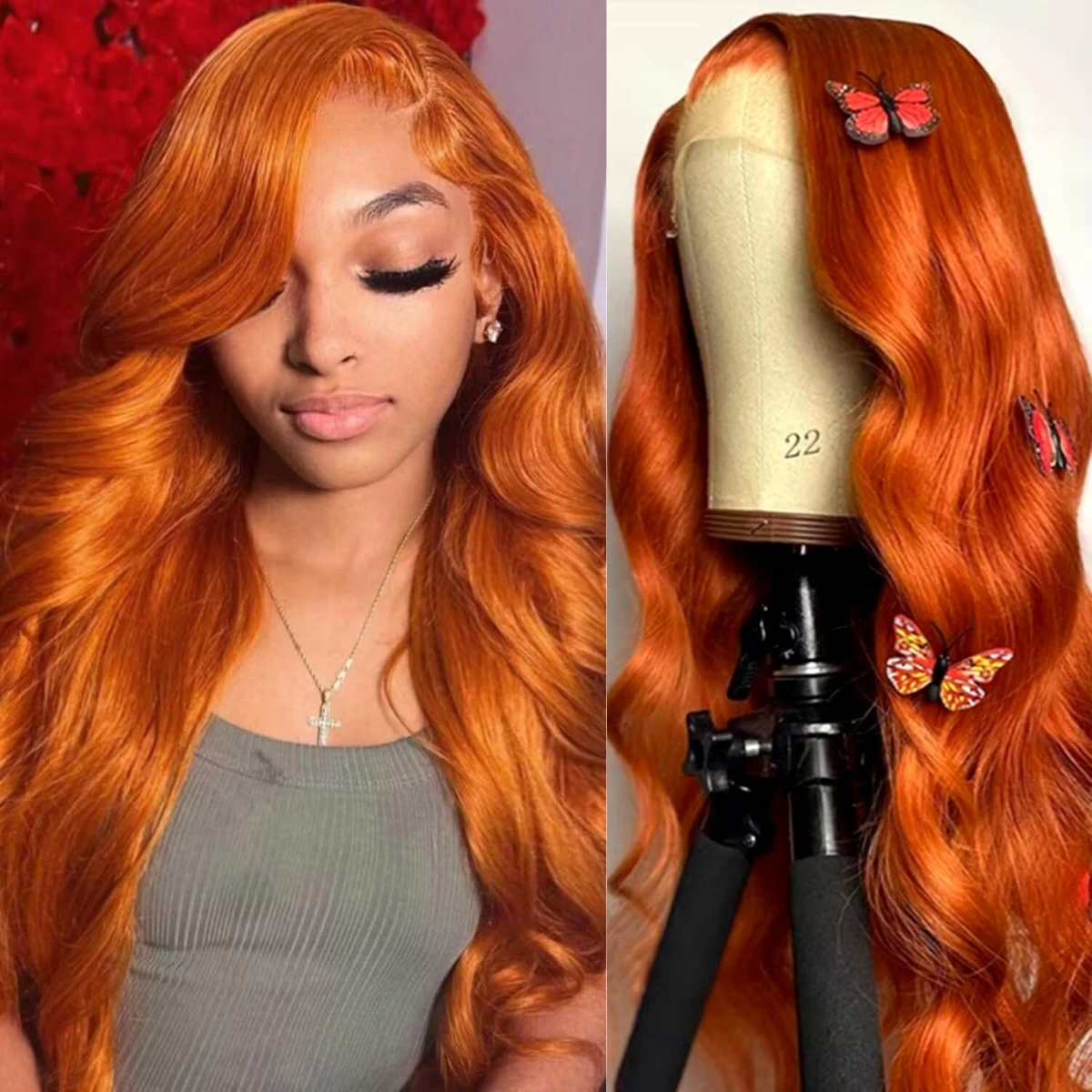 350 32 inches Ginger Orange Body Wave 13x6 200 Density HD Transparent Lace Frontal Wigs Human Hair for black Women Colored Wig