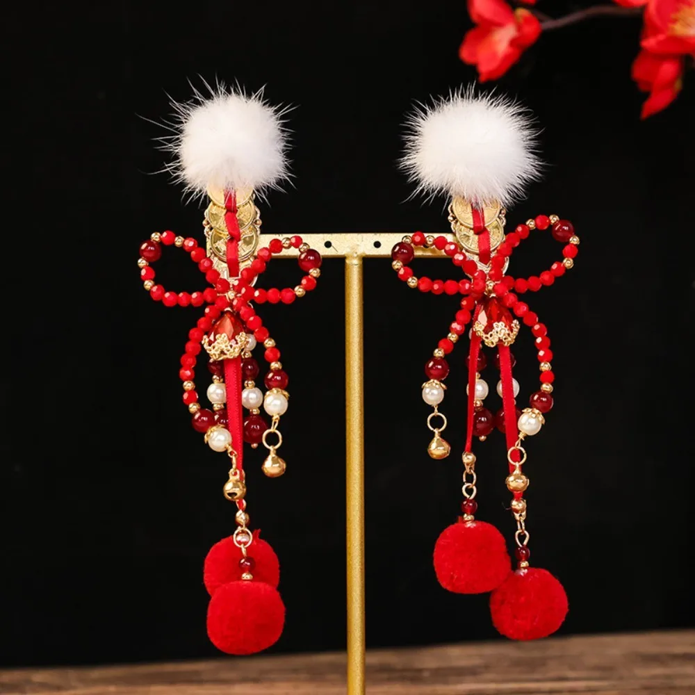 

Festive Pearl Chinese Style Ancient Hairpin Fuzzy Ball Red Hanfu Hair Clip With Tassel Girl Headdress Children