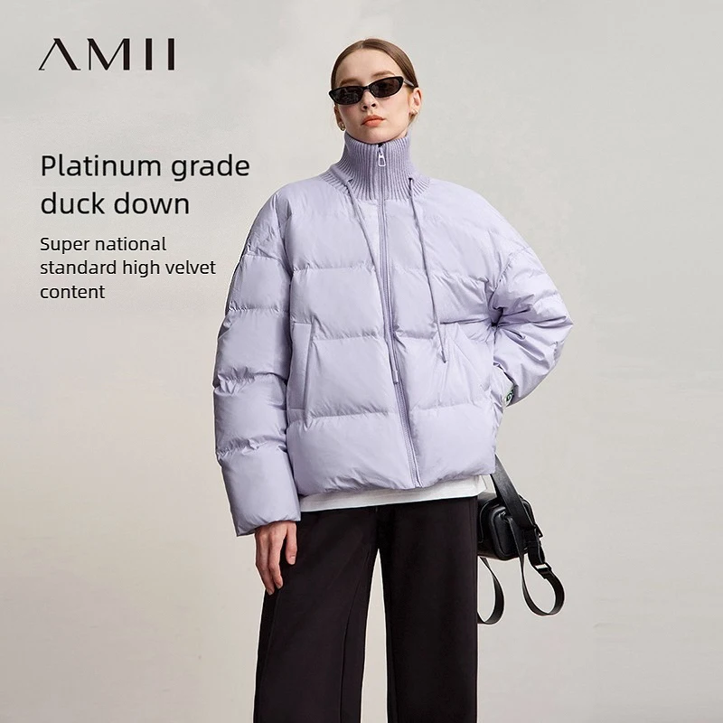 Amii أسفل معاطف 2025 شتاء جديد عادية الصلبة تنوعا الياقة المدورة أسفل سترة للمرأة طويلة الأكمام فضفاضة الدافئة بلوزة طويلة 12514001