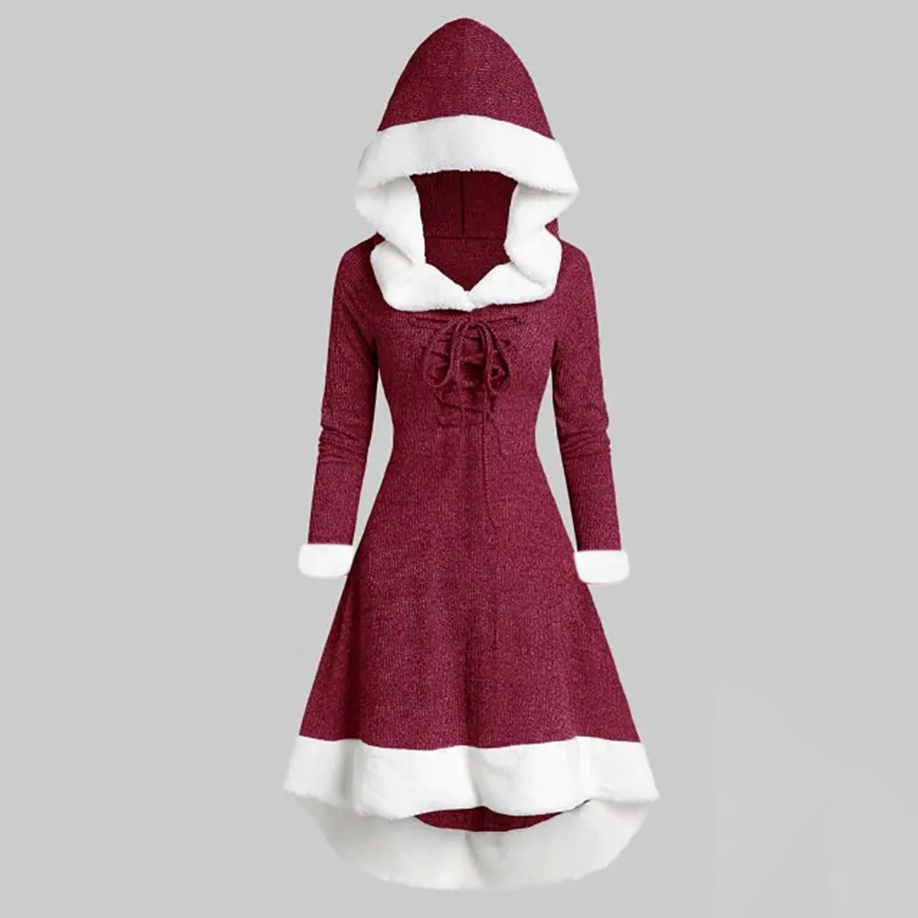 Women Autumn and Winter Fashion New Hooded Maomao Pullover Solid Color Splicing Comfortable Supple Long Sleeves Irregular Dress