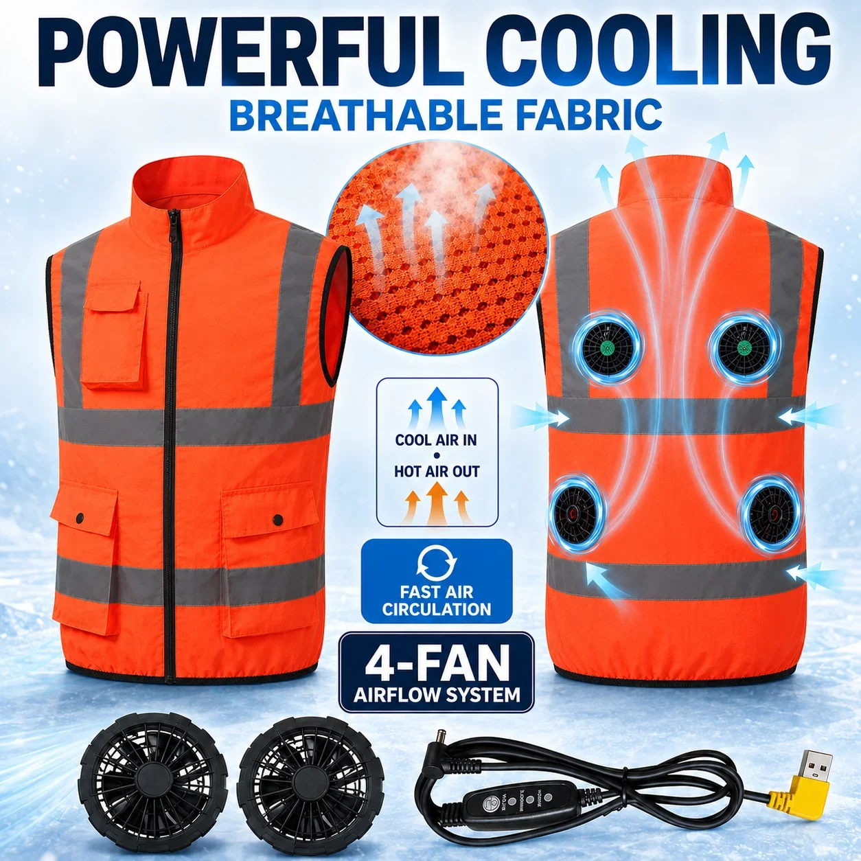 Men's  2/4-Fan Reflective Cooling Safety Vest Summer Breathable Airflow Workwear for Construction Fishing Hiking Outdoor Use