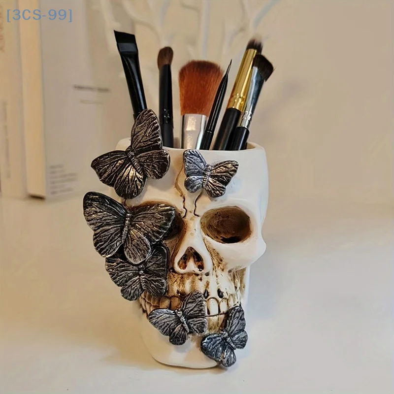 【3CS99】Skull Pen Cup Makeup Brush Holder Bathroom Storager Holder Spooky Goth Desk Decorations
