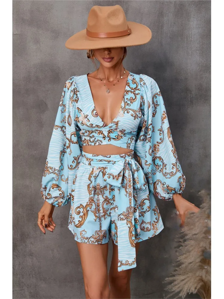 Women's Jumpsuit Deep V Neck Flared Sleeves Floral Print Jumpsuit Long Sleeves Lace Up Shorts Jumpsuit Women