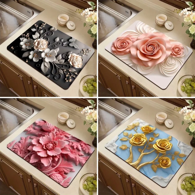 3D Pink Flower Dish Drying Mats Super Absorbent Diatom Mud Rug Home Coffee Table Decor Mat Kitchen Non Slip Tableware Drain Pad