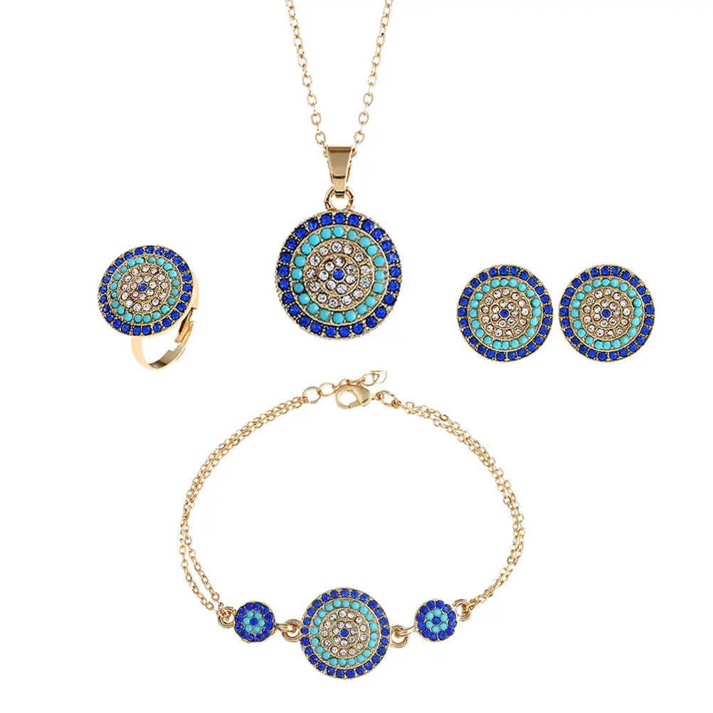 Turkish Evil Eye Jewelry Set for Women – Necklace, Earrings, Ring & Bracelet in Blue Alloy - view 3
