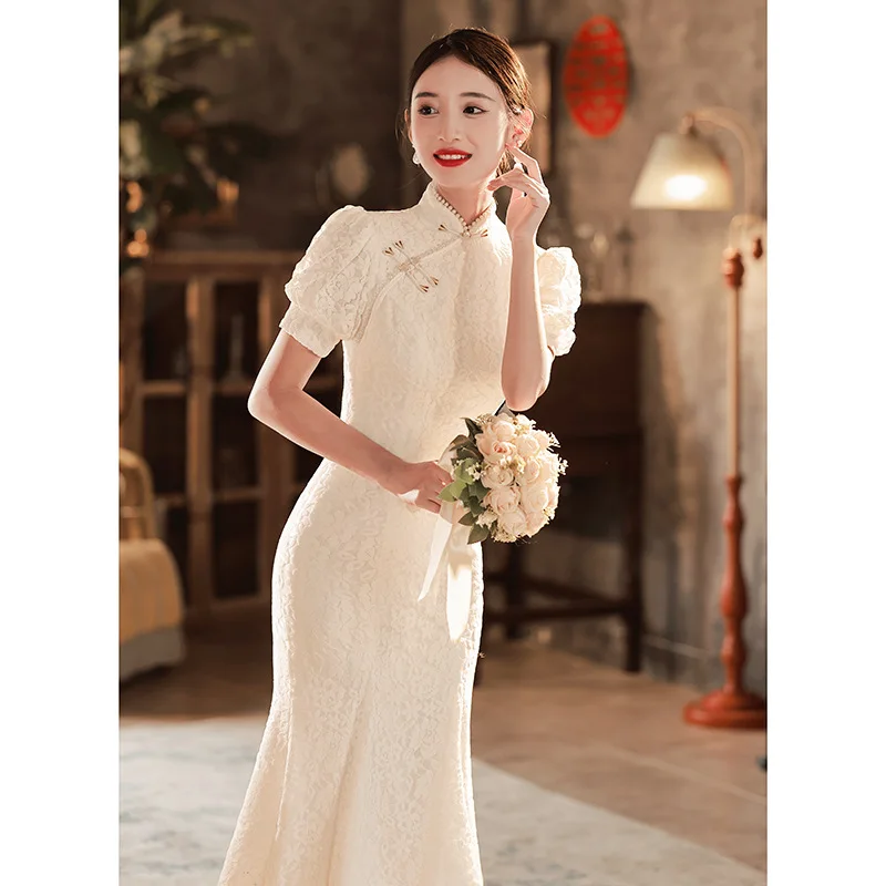 

Elegant Mermaid Qipao Improved Lace Flower Cheongsam Chinese Style Bridal Wedding Dress Sexy White Vestido Robe De Soiree