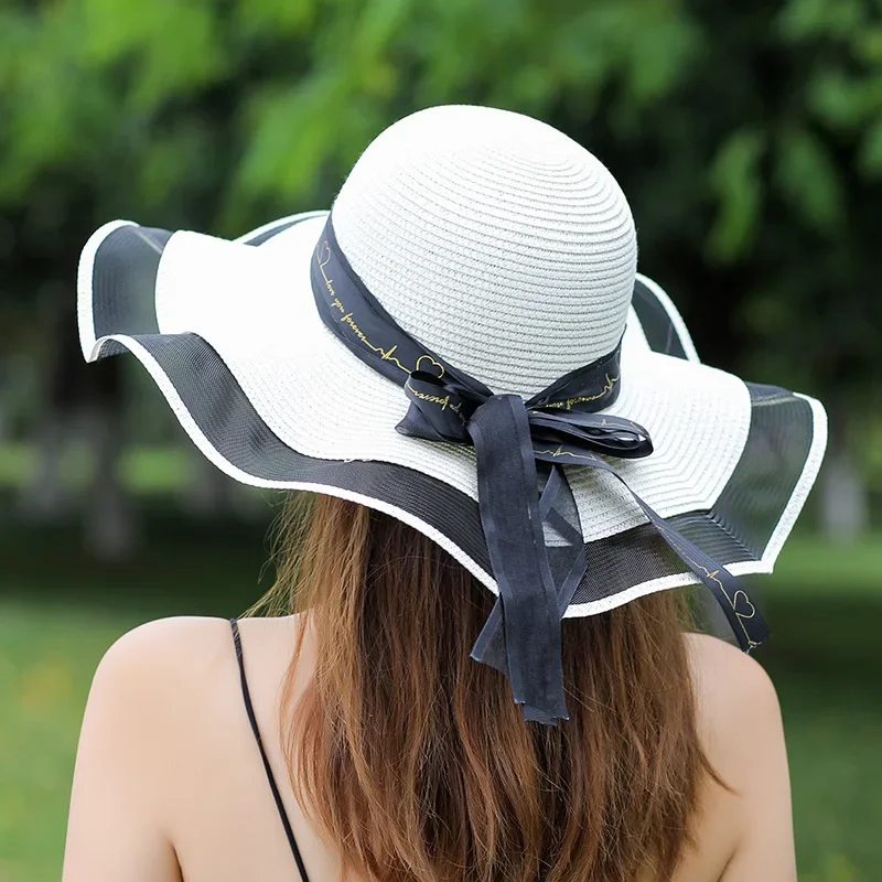 Chapeau de paille de plage pour femmes en été, Style coréen, chapeau de Protection solaire à grand bord, polyvalent, mode vacances, chapeau de plage