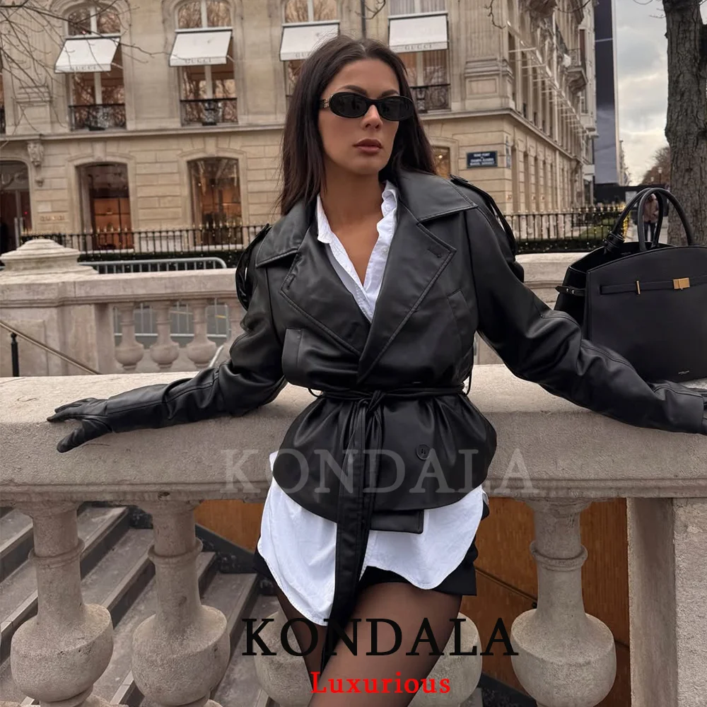 KONDALA, ropa de calle, chaquetas elegantes de cuero negro, chaquetas cortas con fajas y botones de manga larga para mujer, prendas de vestir elegantes a la moda para primavera 2026