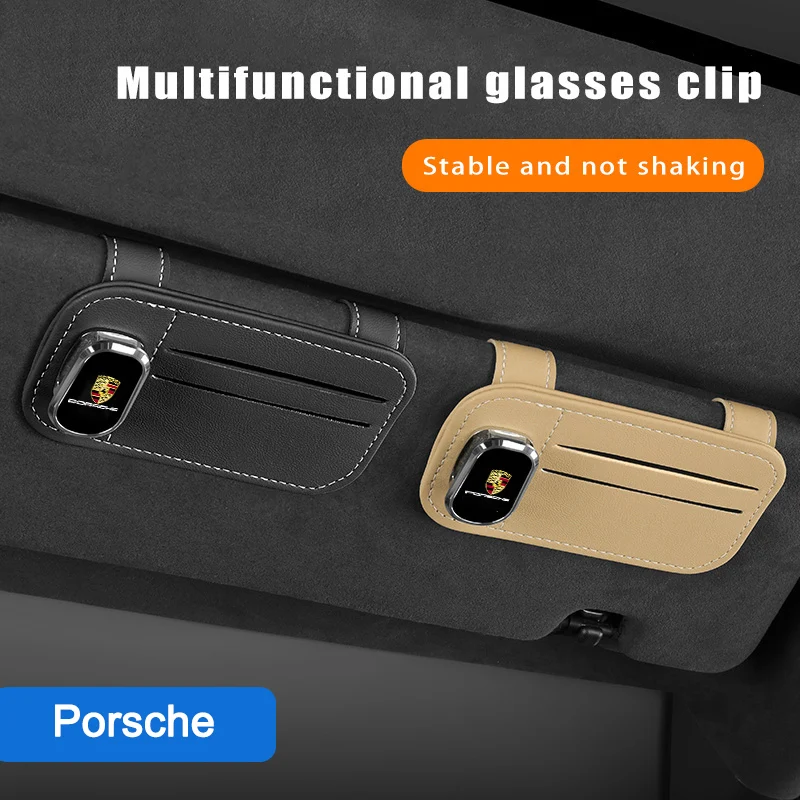 Sunglasses Clip Holder Magnetic Leather Car Sunshade For Porsche 911 718 Taycan Panamera Cayenne Macan Boxster Cayman Pajun 918