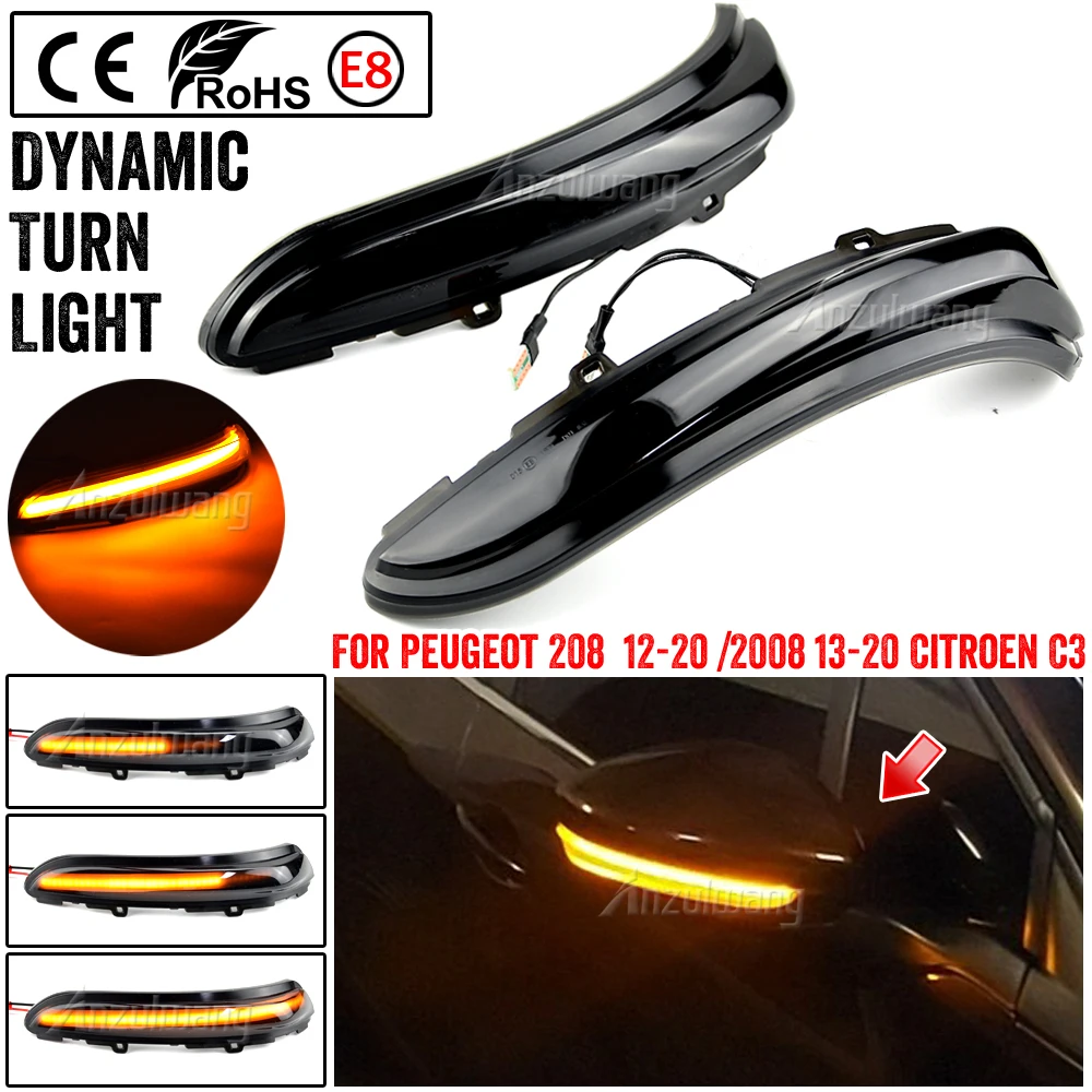 For Peugeot 208 2008 2012 2013 2014 2015 2016 2017-2020 Citroen C3 LED Dynamic Turn Signal Side Mirror Lights Indicator Flasher