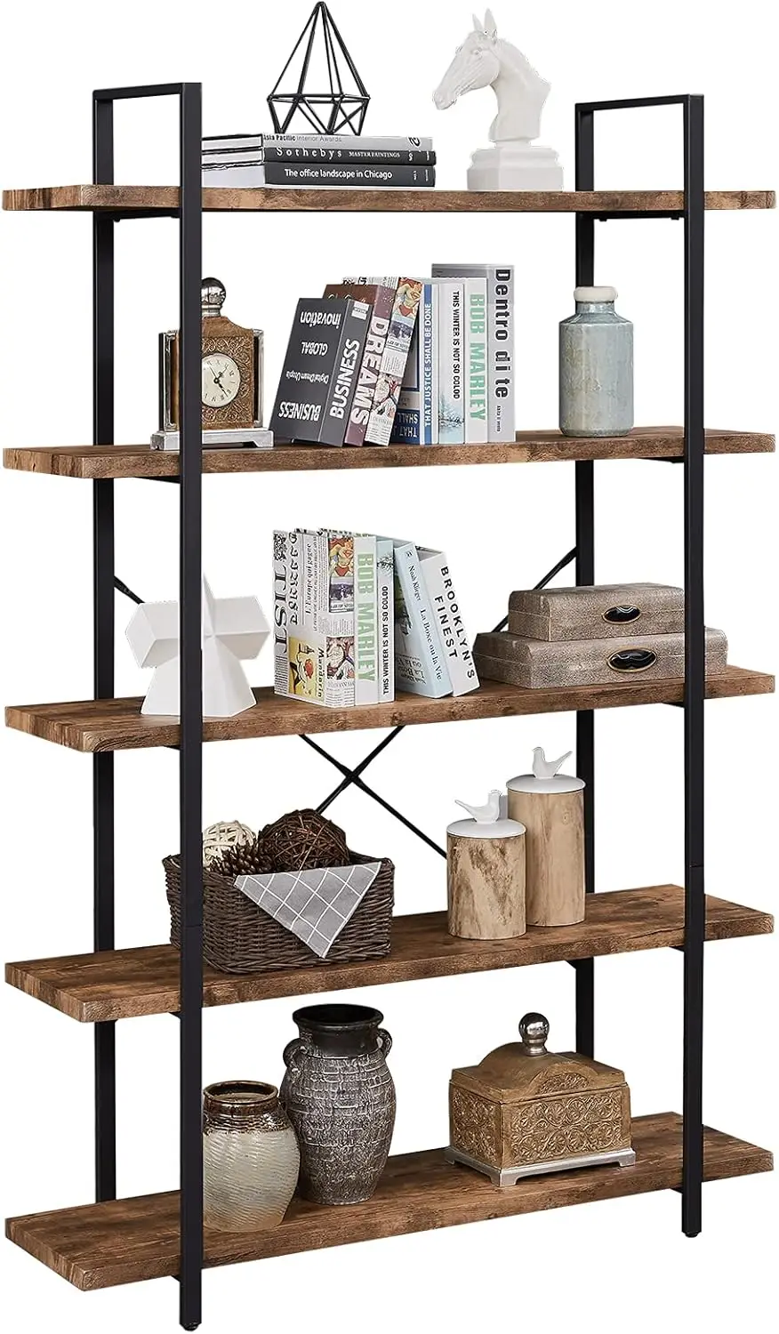 5-Tier Bookshelf, Open Etagere Bookcase With Metal Frame, Book Shelf Book Case With Storage Display Shelves, Rustic Brown