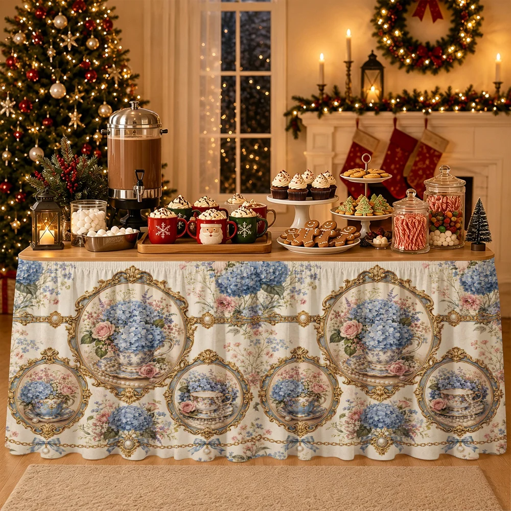 2D flat retro plants, potted tea party decorative table skirt, with patterned table cover for banquets, meal decoration