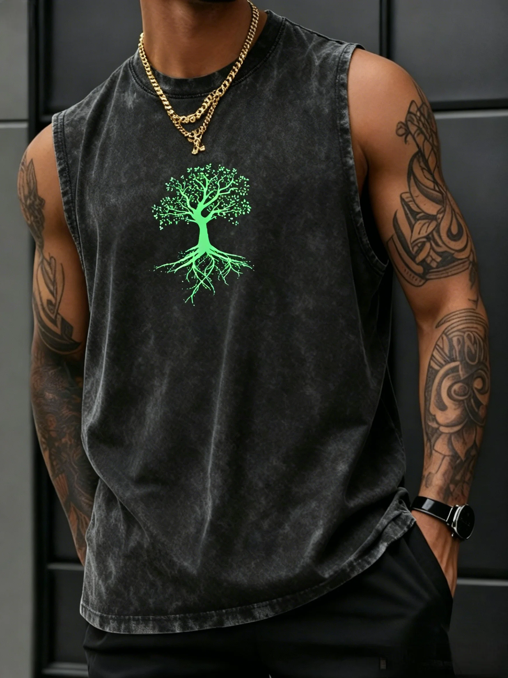 Herren Oversize Vintage Washed 100% Baumwolle Ärmelloses Tanktop 2026 Trend Lebensbaum-Print Lässige Outdoor-Workout-Weste – Detail 25