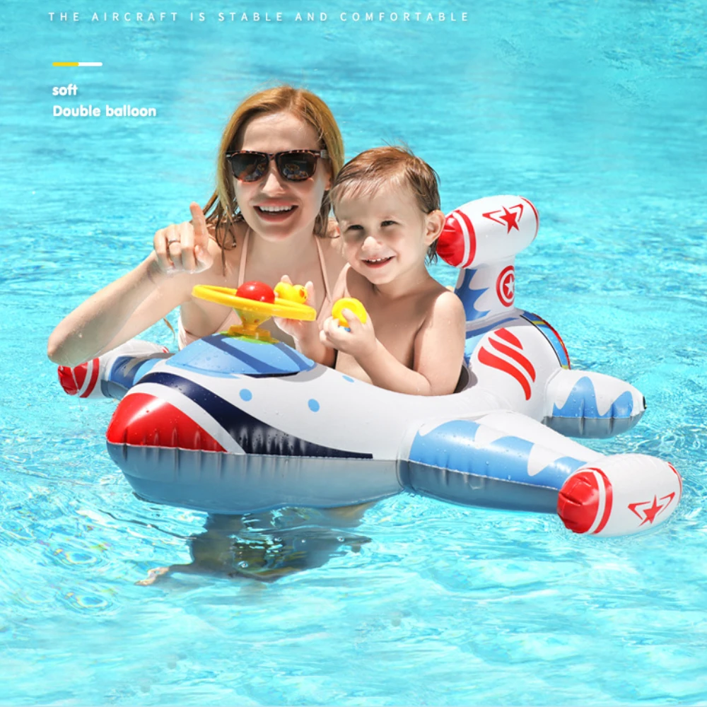 Cerchio da Nuoto Gonfiabile a Forma di Aeroplano con Sedile per Bambini, Volante e Clacson, Giocattolo per Feste Estive in Spiaggia