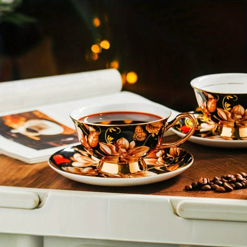 

Elegant Floral Bone China Cup&Saucer Set, Round Flower Theme,Multipurpose Use,Matching Set,-Vintage European Court Style Tea Cup