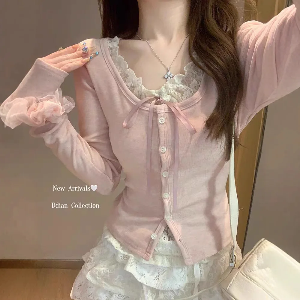 

Высокое качество, хит продаж, оптовая продажа, милая кружевная лоскутная футболка с длинными рукавами, женская весенне-осенняя футболка с завязками, искусственный топ из двух предметов Y2K