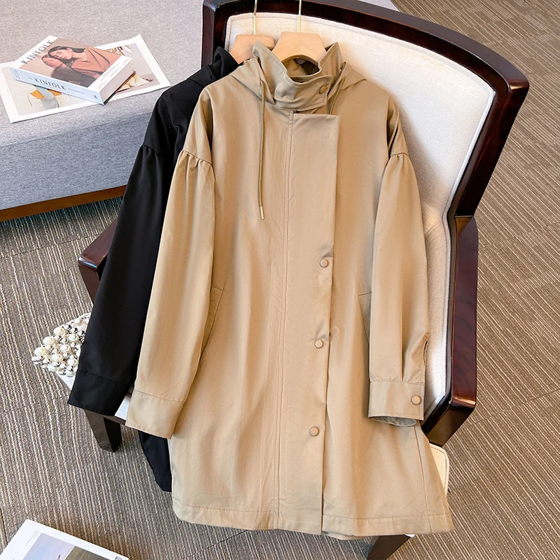 

plus Size Women's Casual Loose Long Coat Windbreaker Outerwear Korean Style Commute Pure Color Button up Long Sleeve Coat