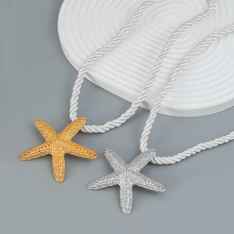 Exaggerated Boho Metal Big Starfish Star Pendant Choker Necklace Women Summer Punk White Chunky Chain Y2K Jewelry Accessories