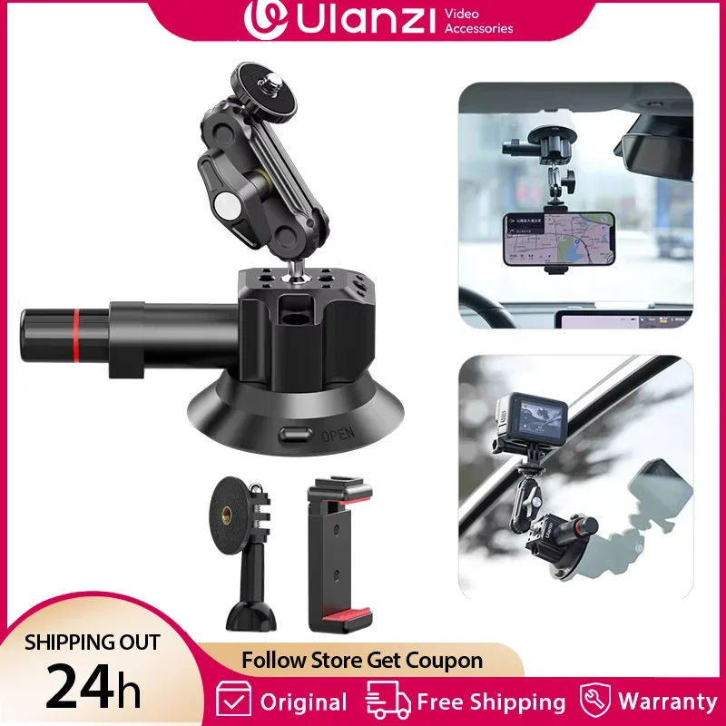 Ulanzi Uchwyt Samochodowy na Telefon Kamerę Sportową Pompa Ręczna Przyssawka 360 °   Regulowany adapter 1/4\" do GoPro, Insta360, DJI Action i smartfonów
