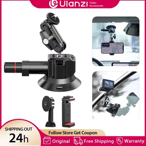 Ulanzi Suporte para câmera de ação de telefone para carro com ventosa de bomba manual 360 °   Ajustável 1/4" para GoPro para smartphone Insta360 DJI Action