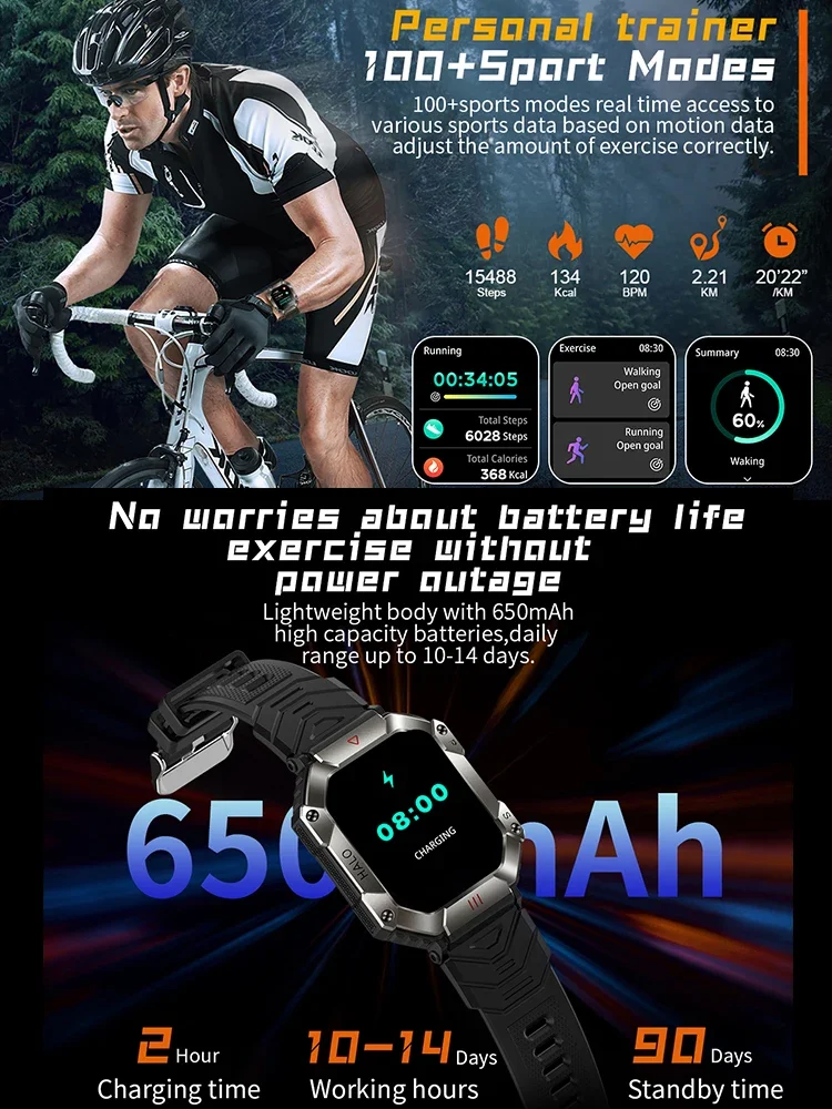 Reloj inteligente con pantalla grande de 2 pulgadas, llamada Bluetooth, brújula para hombres, 650mAh, relojes para deportes al aire libre, barómetro de Fitness, reloj inteligente con altitud