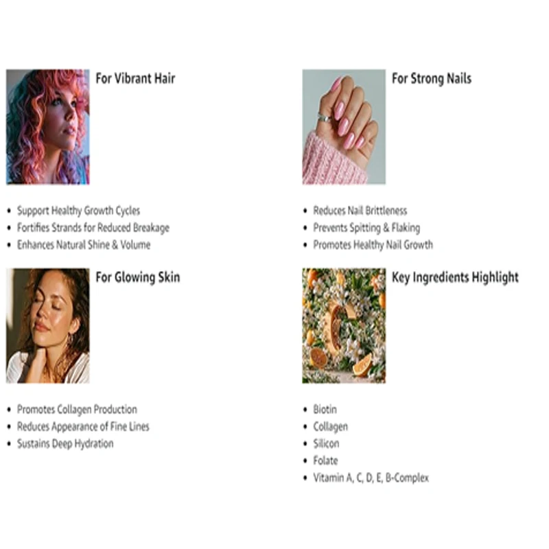 Hair, skin, and nail gummies containing biotin and collagen - vitamins A, C, D, E, and zinc