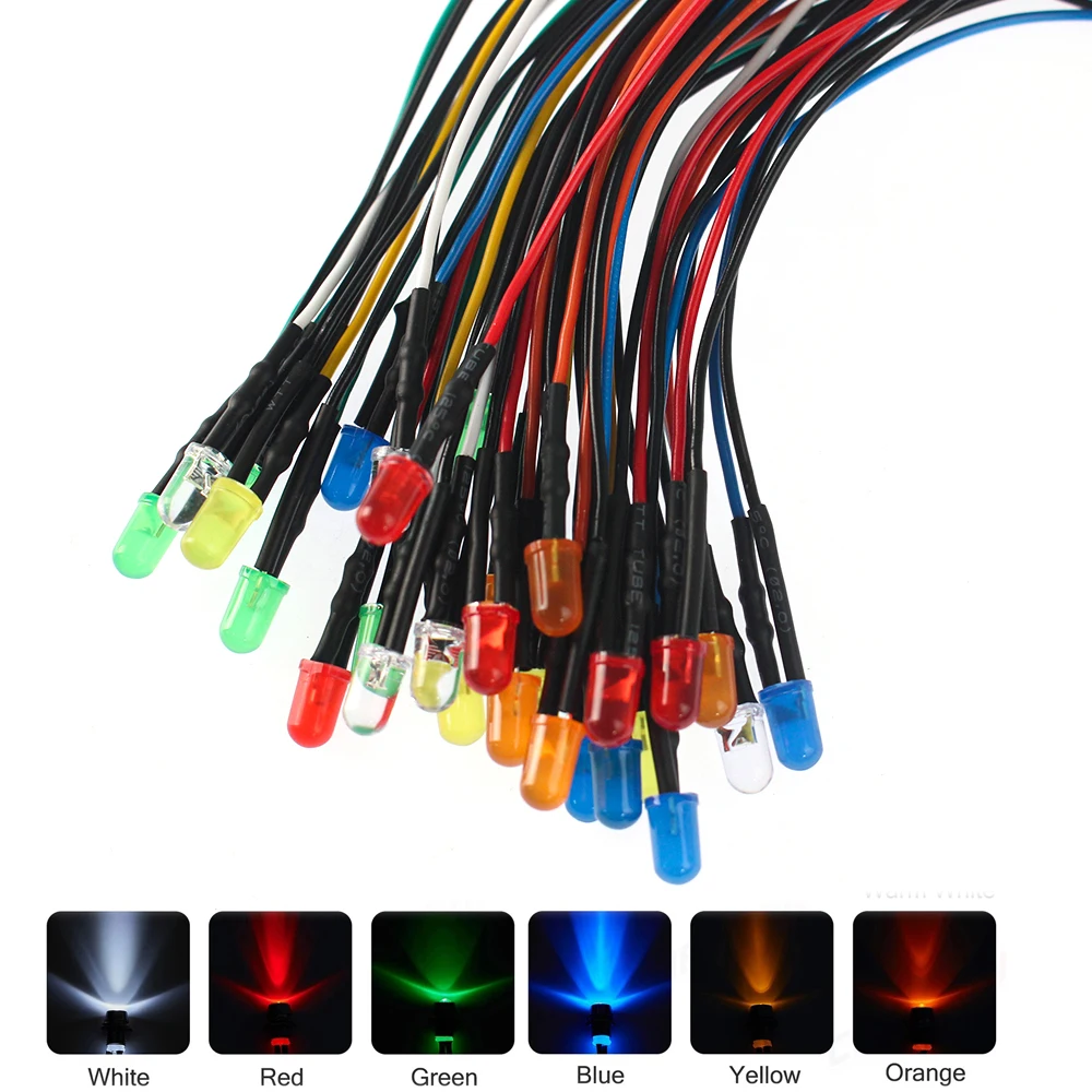 25-50PCS 12V 5mm LED Diodes Lights Kit with 20CM Prewired Red Green Blue White Orange Yellow Emitting Colors Diodes Lamp for DIY