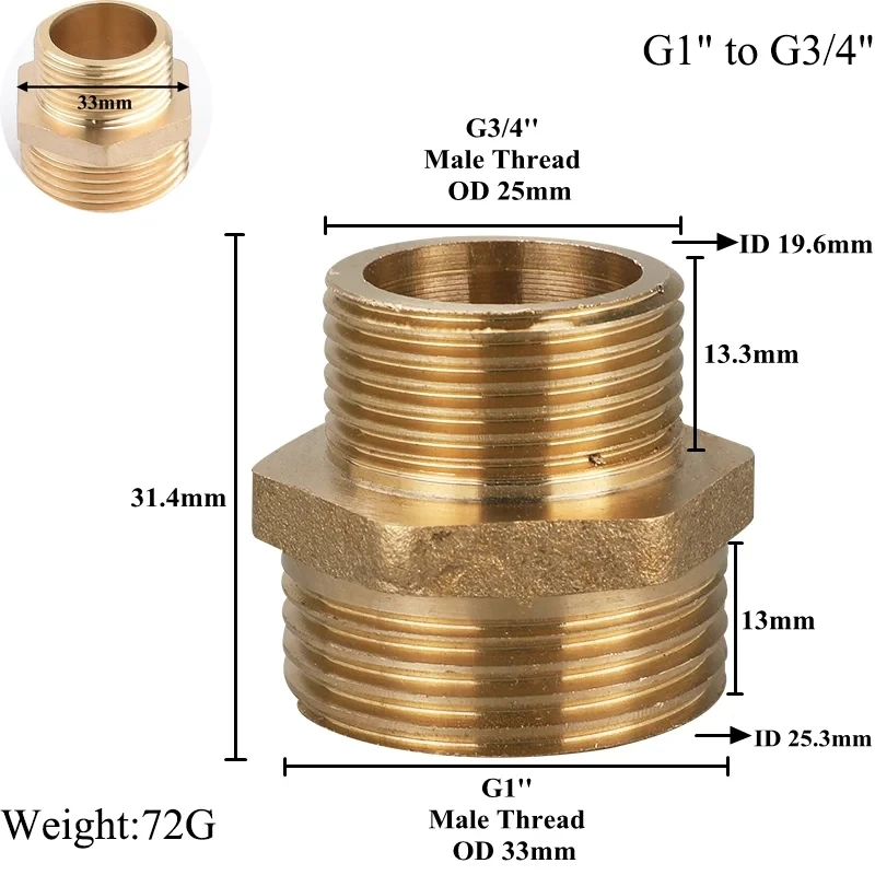 G1'' To 1/2 3/4 Brass Reducing Nipple Connector Hex BSP Male Thread Butt Joint Garden Water Pipe Fittings  Aquarium Adapter