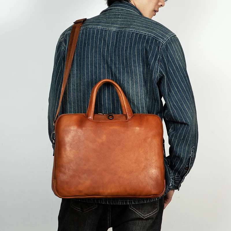 Luxury hand-tanned leather briefcase leather men's bag one-shoulder messenger bag business computer bag retro men's handbag