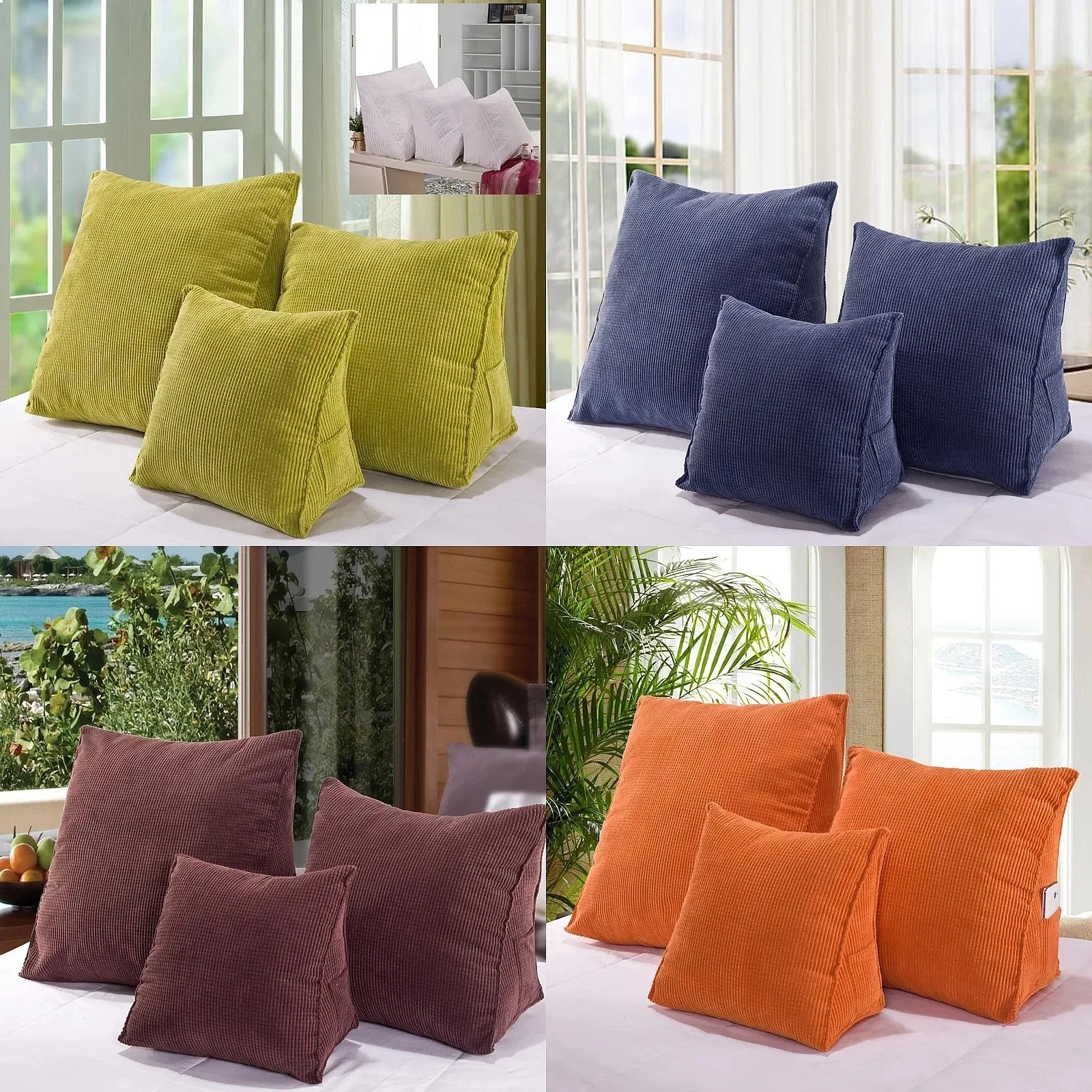 Corduroy Backrest Pillow with Side Storage Pocket, Soft Plush Square Cushion for Reading, Relaxing, Bed & Sofa Support