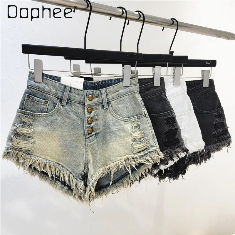 

Sexy Ripped Single Breasted Denim Shorts Women Vintage Tassels A-line High Waist Jean Shorts New Korean Style Summer Female