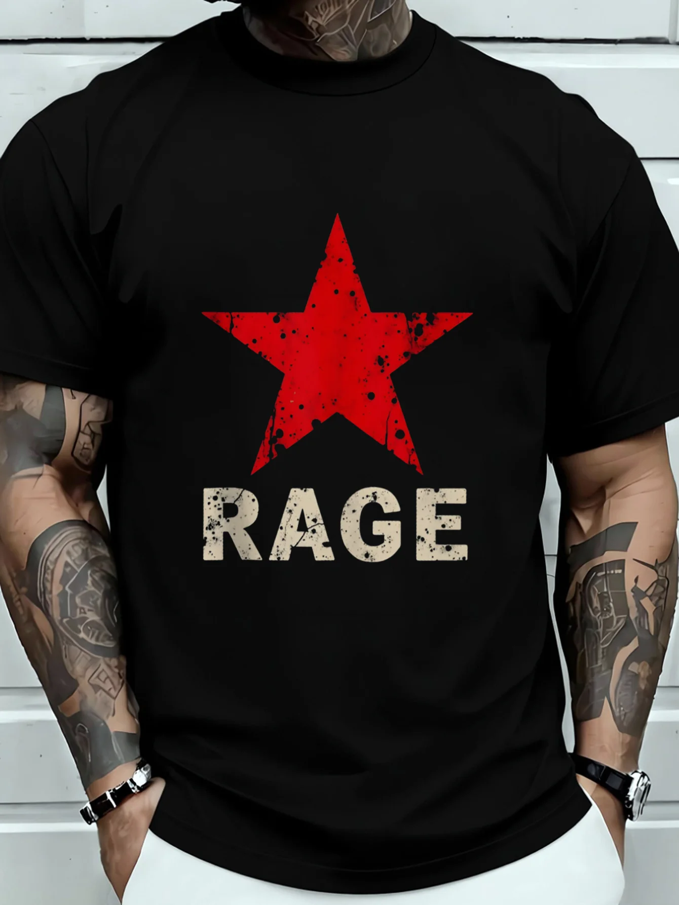 Neutral Graphic T-Shirt with Striking Red Stars and Rage Print, Retro-Style Design, Suitable for Trendy Casual Wear, Perfect for Everyday Outings, Street Style Enthusiasts, and Fashion-Forward Individuals, Comfortable Fit, Suitable for All Occasions, Ideal Gift for Friends and F
