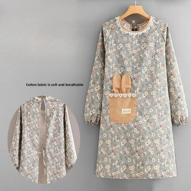1pcs Floral Print Cotton Apron with Long Sleeves Waterproof Kitchen Smock Cute Rabbit Ear Pocket Wipeable Cooking Apron