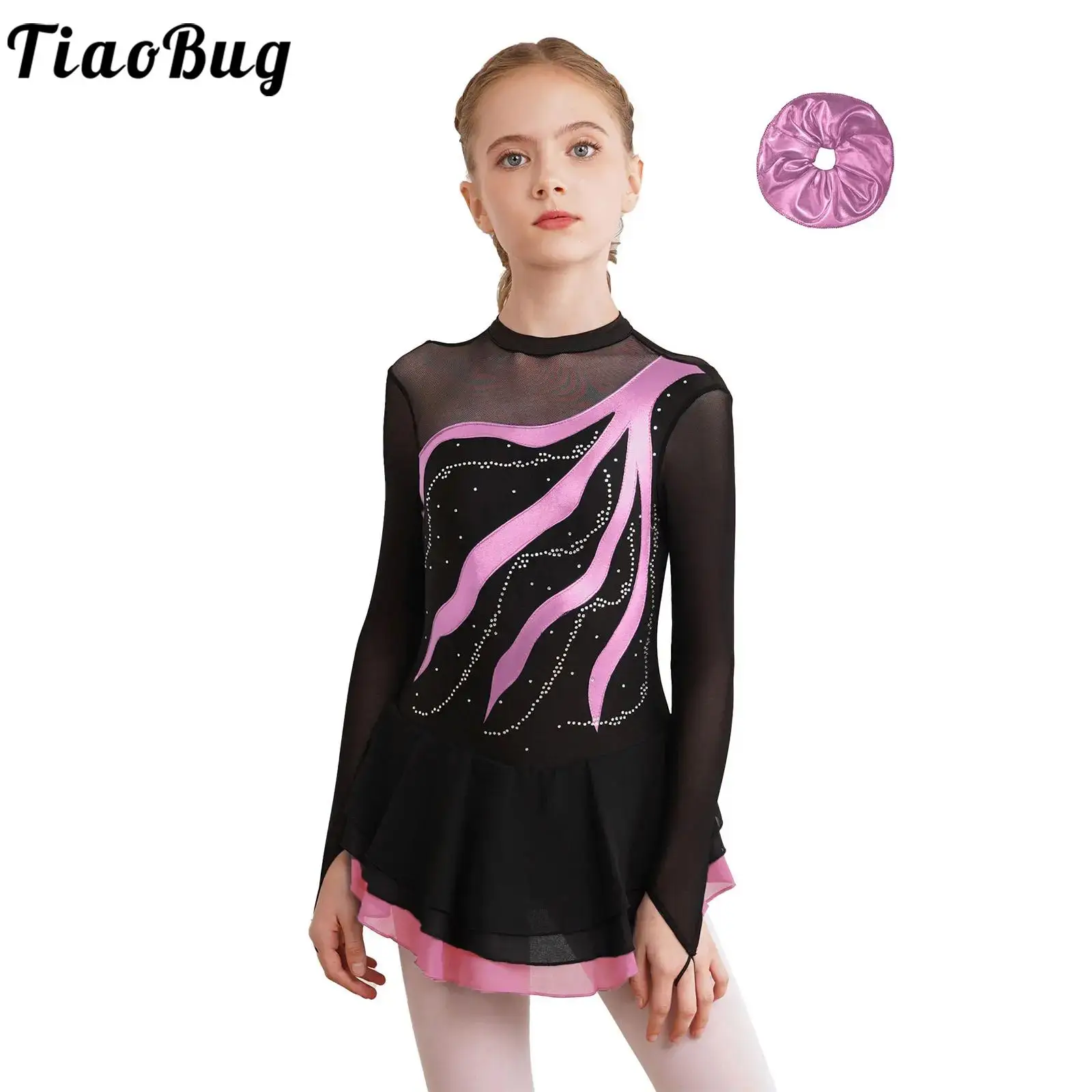 

Girls Skating Dress Lyrical Dance Performance Costume with Hair Band Long Sleeve Rhinestone Patchwork Mesh Dance Dress Set