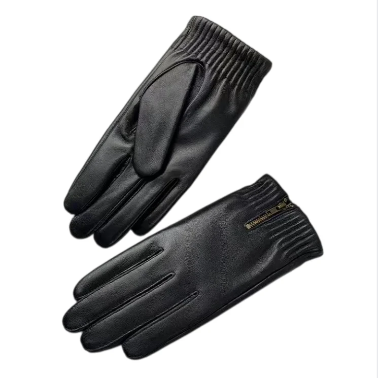 Guantes retro de invierno, gruesos y cálidos, de piel de oveja natural, color negro, para hombre, de cuero genuino, con cremallera y compatibles con pantallas táctiles, ideales para conducir.