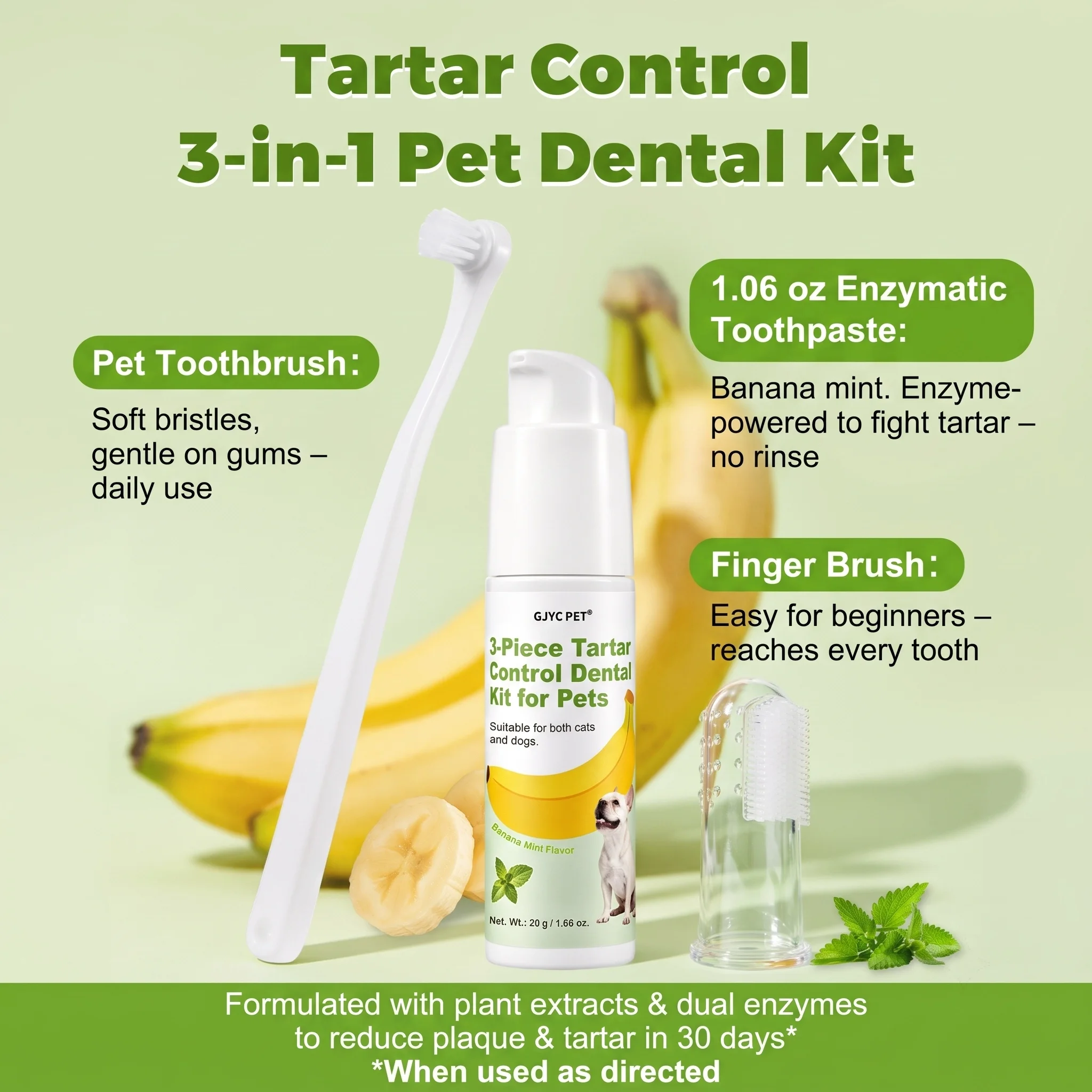 3 Piece Pet Dental Care Kit Banana Mint Tartar Control Plaque Remover Toothpaste Gel for Dogs Cats Fresh Breath Gentle Oral Care