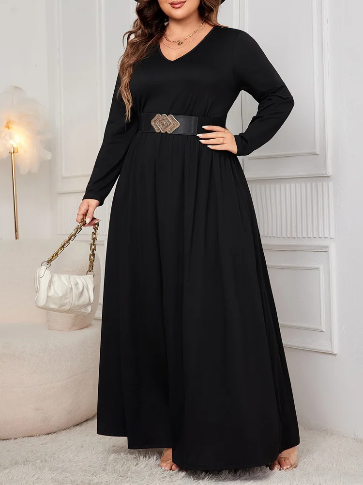 GIBSIE Plus Size Back Hollow Out Long Dress Women Autumn New V-neck Long Sleeve Elastic Waist Casual A-Line Dresses Without Belt