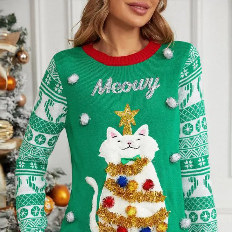 Autumn/winter New Jacquard Pullover Christmas Christmas Sweater Cartoon Kitten Embroidered Red Sweater