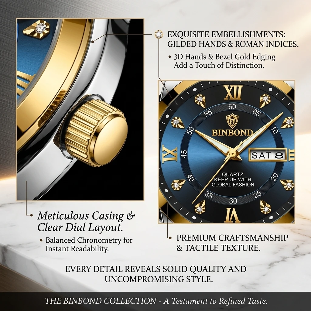 1 Fashionable Blue Dial Two-Tone Steel Band Roman Numeral Quartz Watch with Day and Date Display, Unisex, Simple